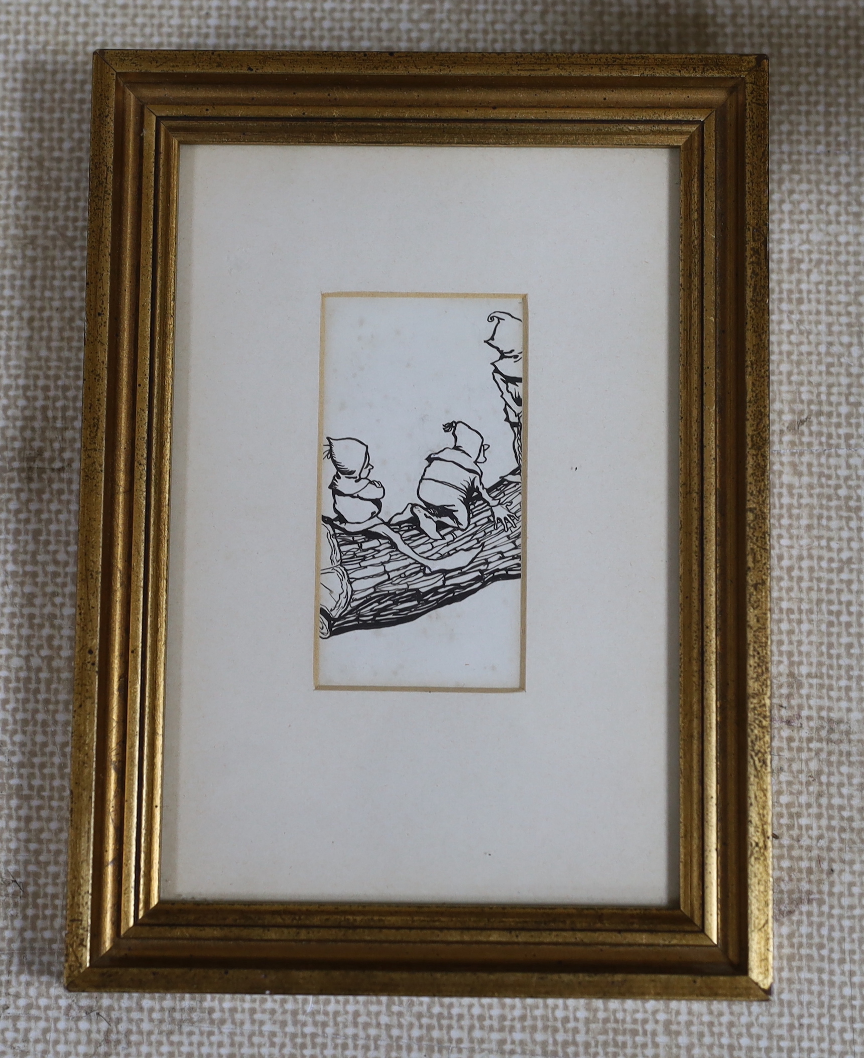 Arthur Rackham (1867-1939), pen and ink illustration, Elves climbing a branch, label verso, 8.5cm x 4cm